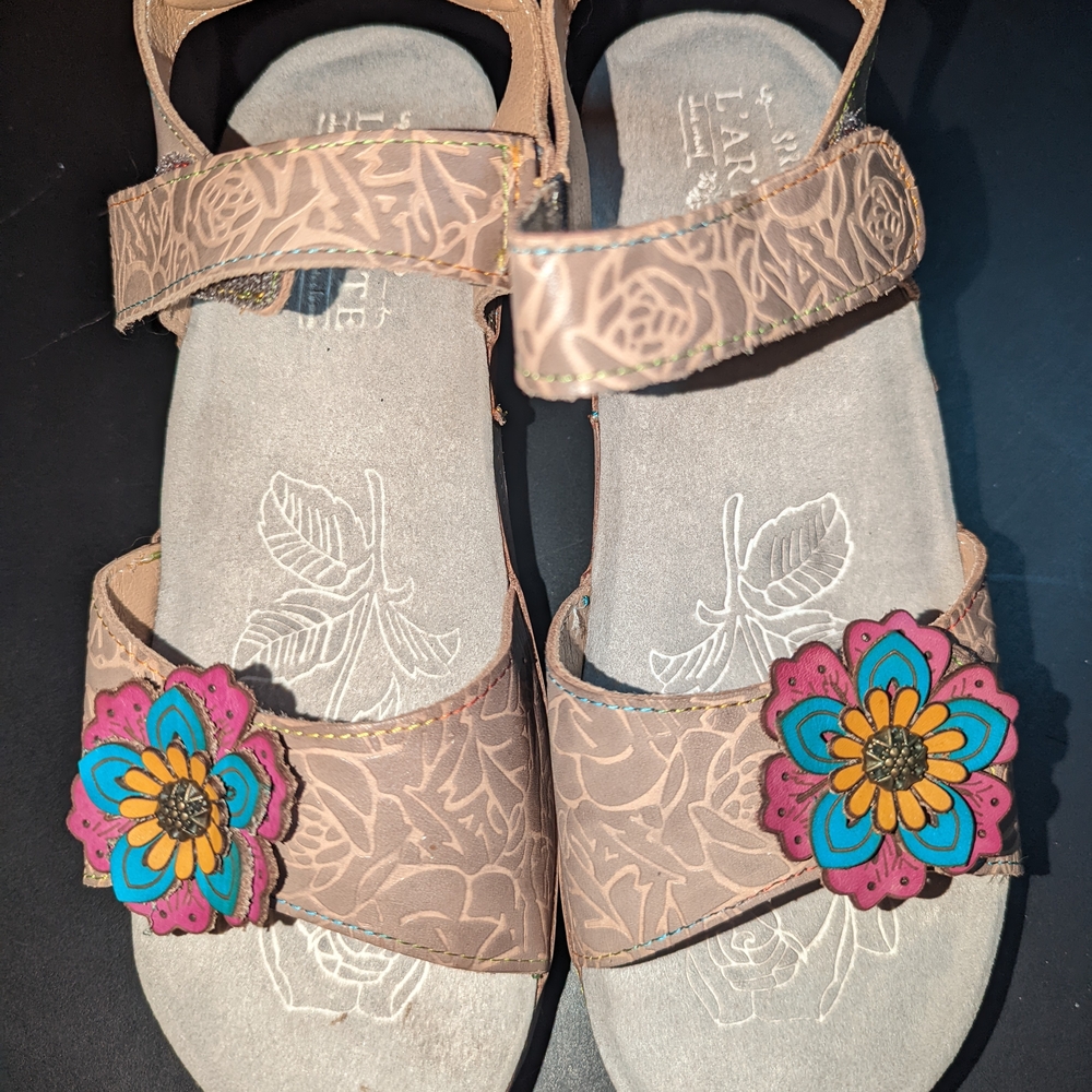 Spring Step Tan and Pink Sandals with Floral Patterns